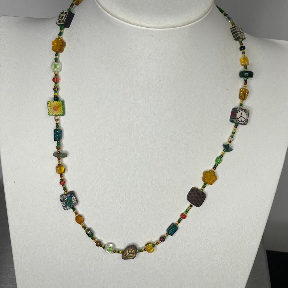 Artisan beaded necklace costume jewelry natural nature neutral burnished silver